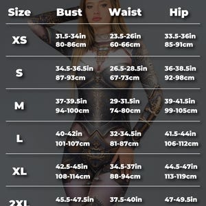 Op de afbeelding: Maattabel voor dameskleding met maten in inches en centimeters. De tabel toont maten XS tot 2XL met de bijbehorende borst-, taille- en heupmaten.