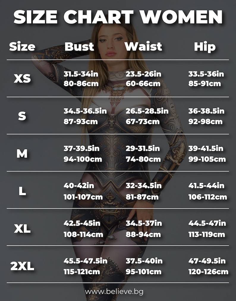 Op de afbeelding: Maattabel voor dameskleding met maten in inches en centimeters. De tabel toont maten XS tot 2XL met de bijbehorende borst-, taille- en heupmaten.