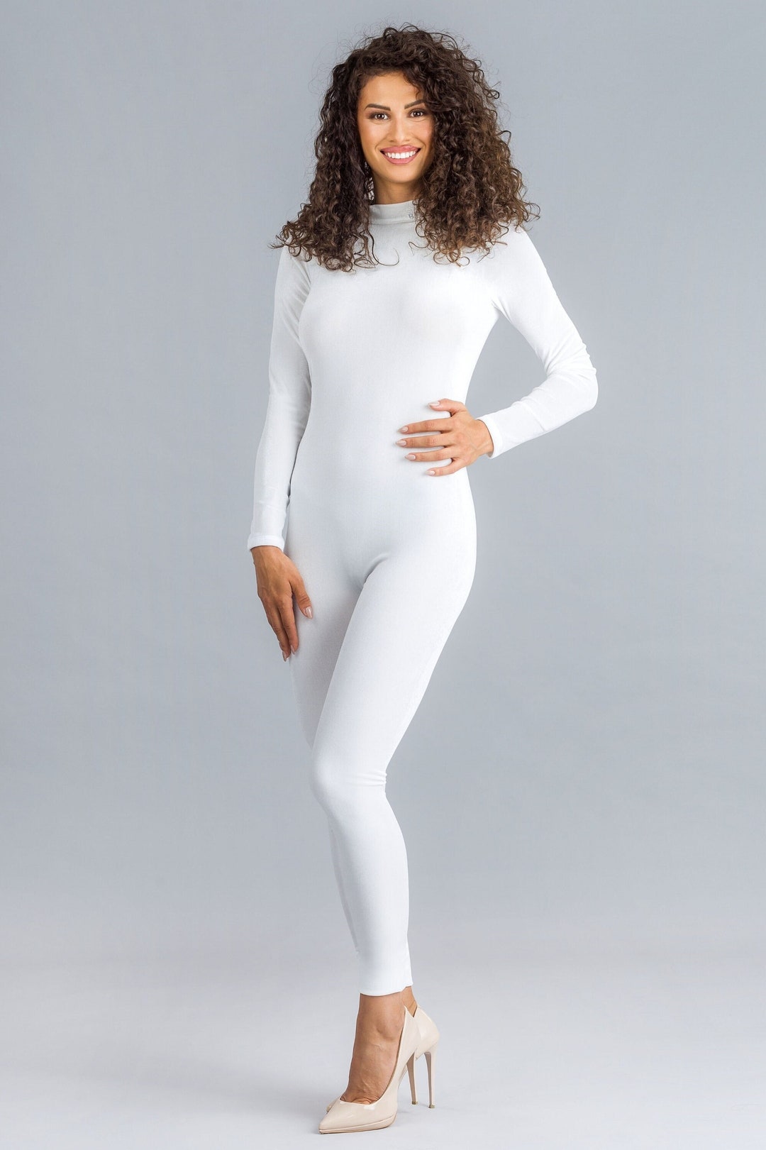 White Crushed Stretch Velvet Catsuit Jumpsuit Unitard Bodysuit Long — free download
