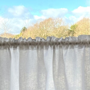 Pure Irish Linen Ruffle Top Cafe Curtain Panel - Pre shrunk Baird McNutt Irish Linen - White Irish Linen Ruffle Top Bistro Curtain