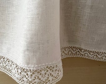 Pure Irish Linen Cafe Curtain Panel with Lace Edging - Pre shrunk Baird McNutt Irish Linen - White Linen Curtain with lace