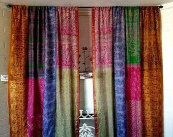 2 Pcs Indian Vintage Silk Sari Fabric Made Multi Color handmade Curtain Door Window Decor Patchwork Curtain Home Door Window Curtain