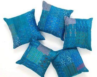 Indian Kantha Patchwork Pillow Cover Set, Saree Silk Patchwork Cushion Cover, 16" X 16" Ethnic Decorative Pillow Case ( Turquoise)