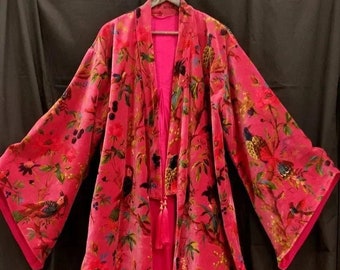Cotton Velvet Kimono /Robe/Lounge Wear- Birds of Paradise Magenta. the red floral robe (gay)