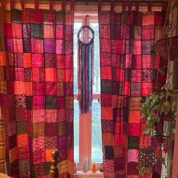 Indian Vintage Silk Patchwork Curtains, Vintage Door Curtain, Handmade Window Curtain, Doorway Curtain, Curtain Panels, Floral Boho Curtains