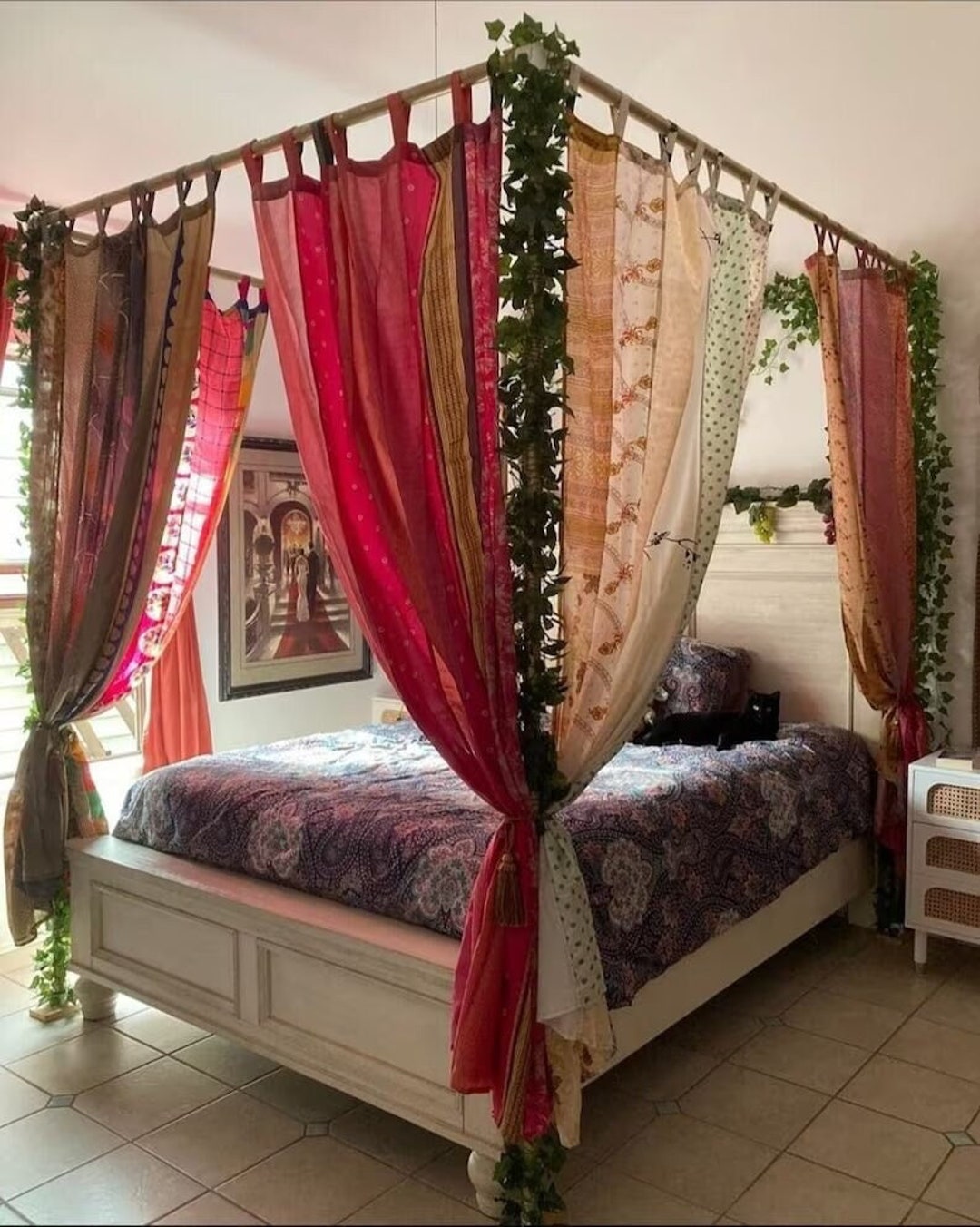 Tenda Porta Boho In Seta Patchwork - 120x220 Cm, Sari Indiano Riciclato, Stile Hippie - Foto 8