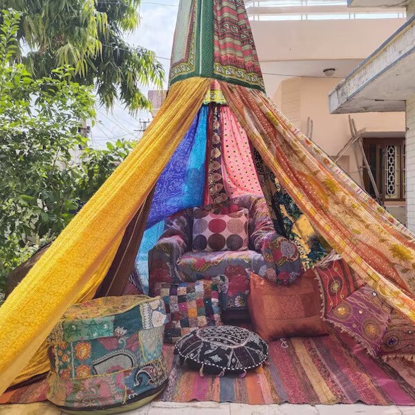 Canopies | Vintage Sari Bed Canopy | Reading Corner Canopy | Multicolor Bed Tent | Antique Bed Canopy | Nursery Room Decor |Playhouse Canopy