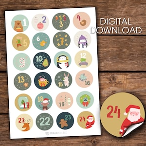 PRINTABLE Advent Calendar Sticker Colorful Xmas 24pcs Christmas Pay Download Kids Gift Packaging