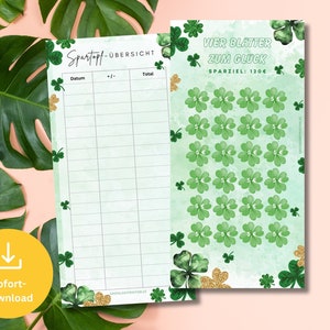 Four sheets of luck 5EUR savings challenge incl. tracker | Money Saving Template Challenge suitable for A6 Zipper Envelopes PDF Digital Download