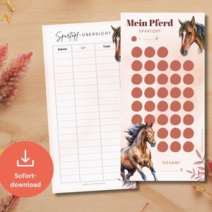 Könnte beinhalten: Druckbarer Sparplan mit einer Pferdeillustration. Der Plan hat einen Bereich zum Verfolgen von Daten, Einzahlungen und Summen. Es gibt auch einen Bereich mit 36 Kreisen zum Verfolgen von Sparzielen.