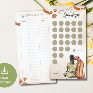 May include: Printable dog savings chart with a watercolor illustration of a dog and a person. The chart includes a section for tracking savings with columns for date, deposits, withdrawals, and total. There is also a section for a savings goal with a grid of circles to color in as savings are made.