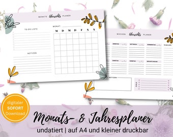 Puede incluir: Un planificador mensual y semanal imprimible con ilustraciones florales. El planificador no está fechado y está diseñado para papel tamaño A4. El texto en el planificador dice "Monats & Jahresplaner undatiert | auf A4 und kleiner druckbar".