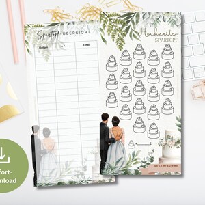May include: A printable wedding savings tracker with a green floral design. The tracker includes a budget sheet with columns for date, plus/minus, and total. It also features a visual savings tracker with 30 cake icons to color in as you save.