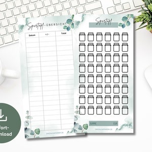 Blank savings glass savings pot set including tracker eucalyptus save money template challenge suitable for A6 zipper envelopes PDF digital download