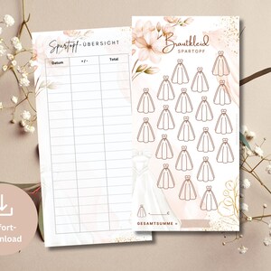 May include: Printable wedding dress savings tracker with a floral design. The tracker includes a budget sheet and a page to track savings with a total of 20 wedding dress icons to color in as you save.