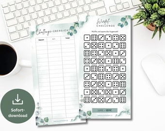 Dice Sparchallenge Set incl. Tracker Eucalyptus | Save Money Template Challenge suitable for A6 Zipper Envelopes PDF Digital Download