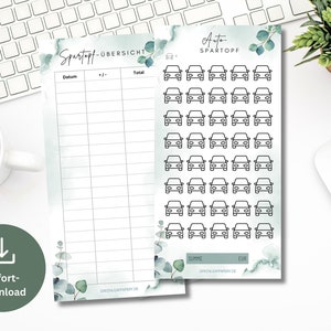 Puede incluir: Una hoja imprimible con un rastreador de ahorros para un coche. La hoja tiene un fondo de acuarela verde con hojas de eucalipto. La hoja tiene una tabla con columnas para la fecha, más o menos, y el total. La hoja también tiene una sección para iconos de coches para rastrear los ahorros.