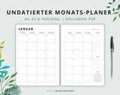 Schlichter undatierter Monatsplaner Vorlage Kalender Monatlich Übersicht | A4, A5 + Personal | Digital + Druckbar | Sofort Download | DE