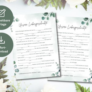 Puede incluir: Una tarjeta de juego imprimible con un fondo azul claro y hojas verdes de acuarela. La tarjeta tiene el texto "Unsere Liebesgeschichte" en negro e incluye líneas en blanco para que los invitados rellenen los detalles sobre la historia de amor de la pareja.