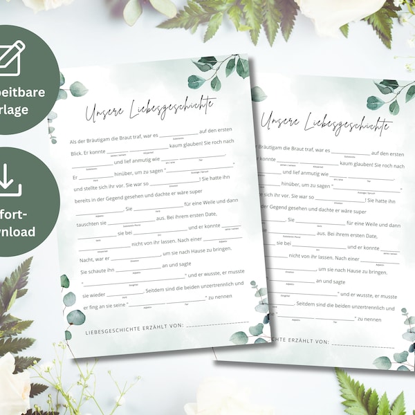 Wedding game "Our love story" gap text eucalyptus | Wedding Game for Guests | PDF for printing + editable template