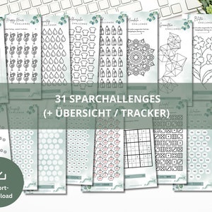 Bundle 32-piece Sparchallenges Set incl. Tracker Eucalyptus | Save money template savings pot suitable for A6 zipper envelopes PDF Digital