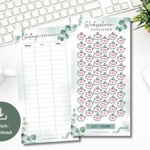 May include: A printable sheet with a savings challenge tracker. The sheet includes a table to track dates, deposits, and totals. The second sheet features a grid of 40 piggy banks with different amounts of money inside, totaling 1,000 euros.