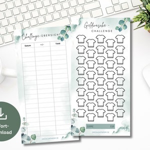 Geldwäsche Sparchallenge Set inkl. Tracker Eukalyptus | Geld Sparen Vorlage Challenge passend für A6 Zipper Umschläge PDF Digital Download