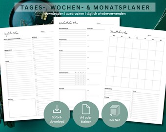 May include: A printable daily, weekly, and monthly planner in black and white. The planner includes sections for priorities, to-do lists, notes, and a time schedule. The text on the image reads "TAGES-, WOCHEN- & MONATSPLANER downloaden | ausdrucken | täglich wiederverwenden".