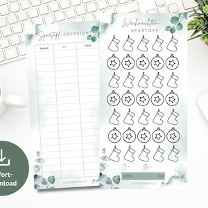 Puede incluir: Dos rastreadores de ahorro imprimibles con acentos de eucalipto en acuarela. Uno es para el ahorro general, el otro es una tabla de ahorro navideña con ilustraciones de calcetines y adornos. El texto incluye "Spartopf-ÜBERSICHT" y "Weihnachten-SPARTOPF".