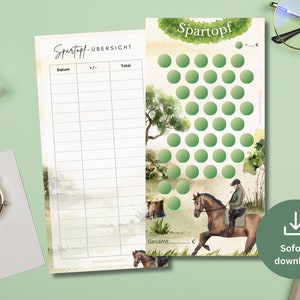May include: A printable savings tracker with a watercolor background featuring a horse and rider. The tracker has a section for dates, amounts, and a total. The tracker also has a section for a savings goal with a visual representation of the goal.