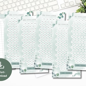 1 + 5 + 10 + 20 + 50 Euro Sparchallenges Set incl. Tracker Eucalyptus | Save Money Template Challenge suitable for A6 Zipper Envelopes PDF