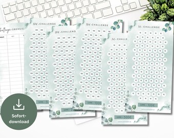 1 + 5 + 10 + 20 + 50 Euro Sparchallenges Set incl. Tracker Eucalyptus | Save Money Template Challenge suitable for A6 Zipper Envelopes PDF