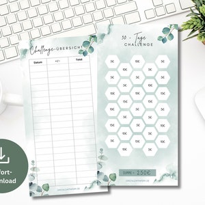 250 euros in 30 days Sparchallenge Set incl. Tracker Eucalyptus | Save Money Template Challenge suitable for A6 Zipper Envelopes PDF Digital