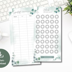 Peut inclure: Une feuille de suivi d'épargne imprimable avec un fond aquarelle vert et une feuille de 36 icônes de soleil noires. La feuille de suivi d'épargne porte le texte "Spartopf-ÜBERSICHT" en haut et comprend des colonnes pour la date, le plus/moins et le total. La feuille d'icônes de soleil porte le texte "Urlaub SPARTOPF" en haut.