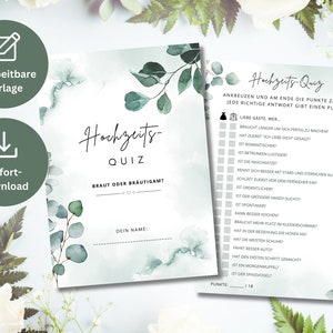 Wedding quiz bride or groom eucalyptus, game for the wedding | Wedding game for guests | PDF to print + editable template
