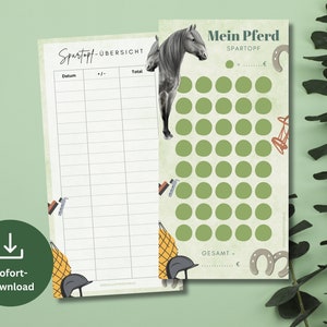 Könnte beinhalten: Druckbarer Spartopf-Tracker für Pferde mit einem grün-weißen Farbschema. Der Tracker enthält eine Pferdeillustration, ein Hufeisen und eine Tabelle, um Ersparnisse zu verfolgen. Der Text "Mein Pferd Spartopf" befindet sich oben auf dem Tracker.