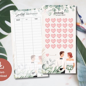 May include: Printable wedding savings tracker with a green and white floral design. The tracker includes a table for tracking dates, deposits, and totals. It also includes a section with 30 pink hearts for tracking progress.
