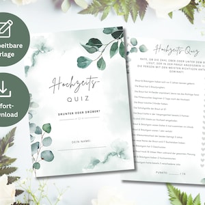 Wedding Quiz Top or Bottom Eucalyptus | game for the wedding | Wedding Game for Guests | PDF for printing + editable template