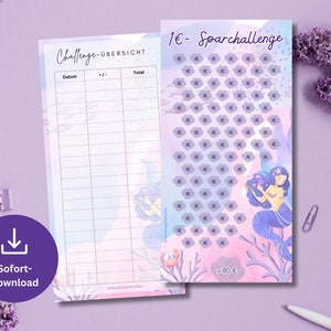 1 EURO savings challenge mermaid set incl. tracker | Money Saving Template Challenge suitable for A6 Zipper Envelopes PDF Digital