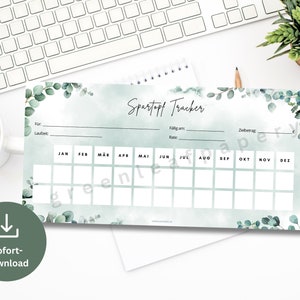 May include: A printable savings tracker with a watercolor background and eucalyptus leaves. The tracker has a section for the name of the savings goal, the starting amount, the monthly contribution, and the total amount saved. The tracker also has a calendar with months from January to December.