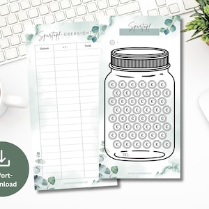 Blank savings glass savings pot set including tracker eucalyptus save money template challenge suitable for A6 zipper envelopes PDF digital download