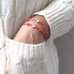 2 x Red String Bracelet with Gold Heart Charm, Couple Bracelet, Red String of Fate, Friendship Bracelet String, Good Luck, Handmade Jewelry