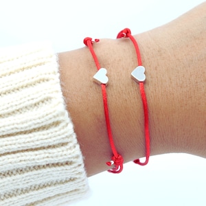2 x Silver Heart Charm Red String Bracelet, Red String of Fate, Matching Bracelets, Best Friend Bracelet for 2, Handmade Jewelry