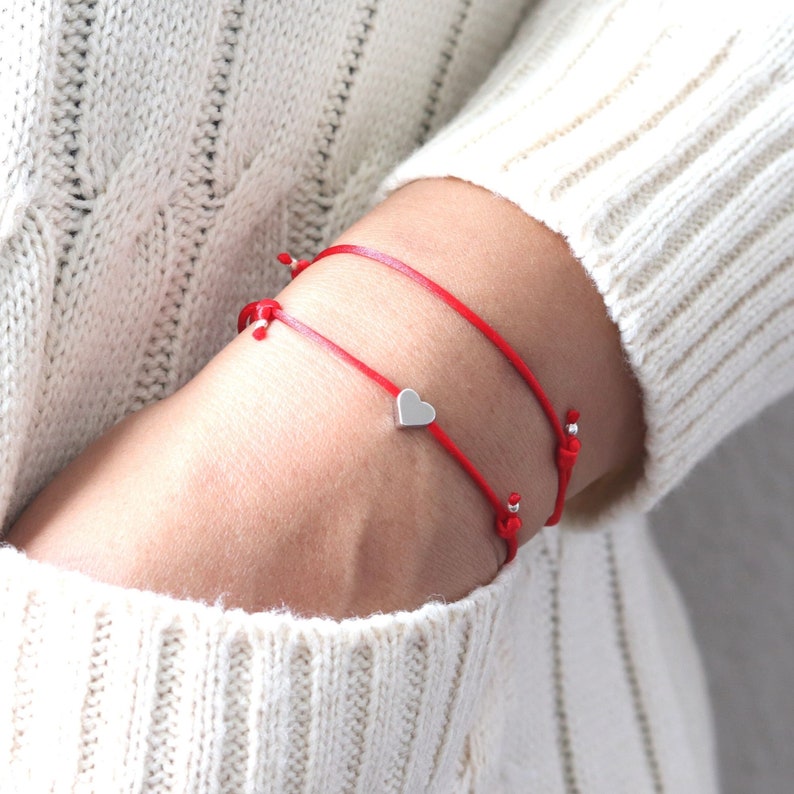 Red String Bracelet With Silver Heart Set 1 Charm 1 Etsy