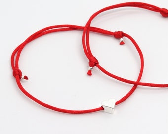 CUSTOM Silver Heart Charm Red String Bracelet, Red String of Fate, Matching Bracelets, Handmade Jewelry