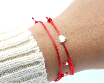 Red String Bracelet Set: Silver Heart Charm, Lucky Red Cord