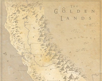 May include: A vintage-style map of California with the title "The Golden Lands." The map shows the state's major cities and geographic features, including the Sierra Nevada mountains, the Mojave Desert, and the Pacific Ocean. The map is drawn in a stylized, hand-drawn style with a beige background and brown lines.