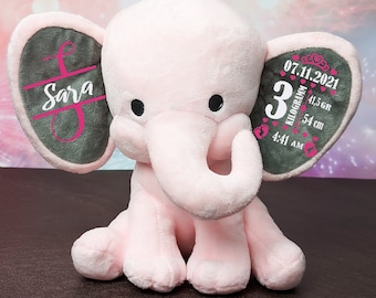 Personalized cuddly toy elephant birth gift with name for birth plush toy for baptism gift for baby birth baby shower gift