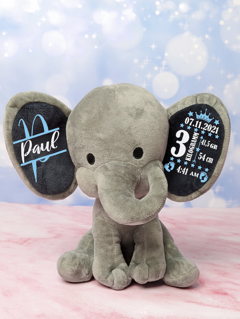 Geburtsgeschenk Kuscheltier mit Namen Baby Geschenk zur Geburt personalisierter Elefant Kuscheltier zur Taufe personalisiert süßes Geschenk Bild 1