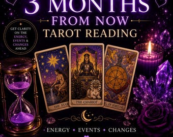 May include: A digital graphic for a 3 Months From Now Tarot Reading featuring three tarot cards: The Star, The Chariot, and Wheel of Fortune. The scene includes a gold hourglass with purple sand, a lit purple candle, and purple crystals.